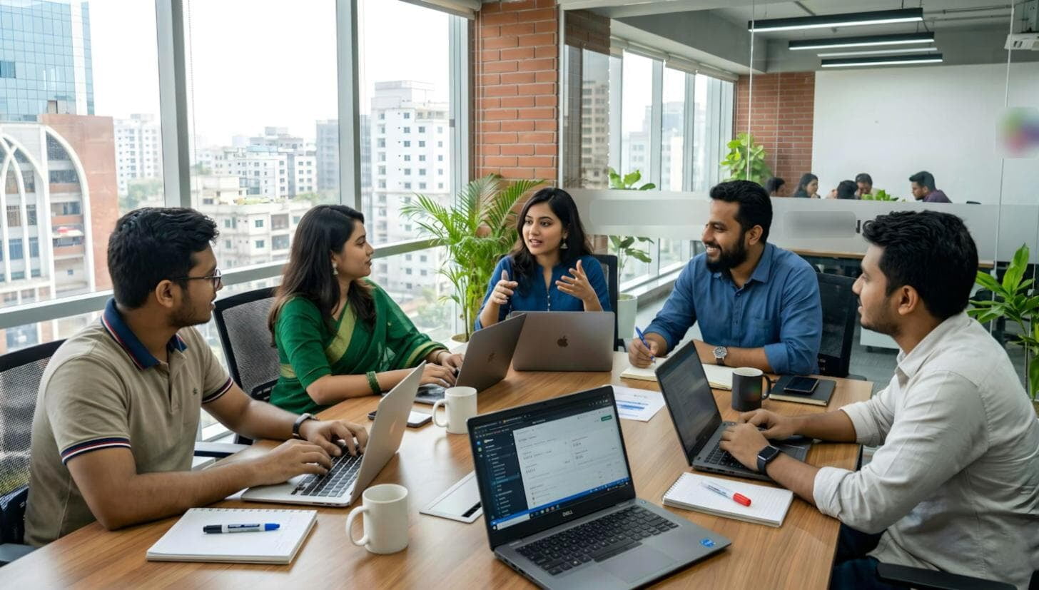 A team of professionals collaborating around a table with laptops